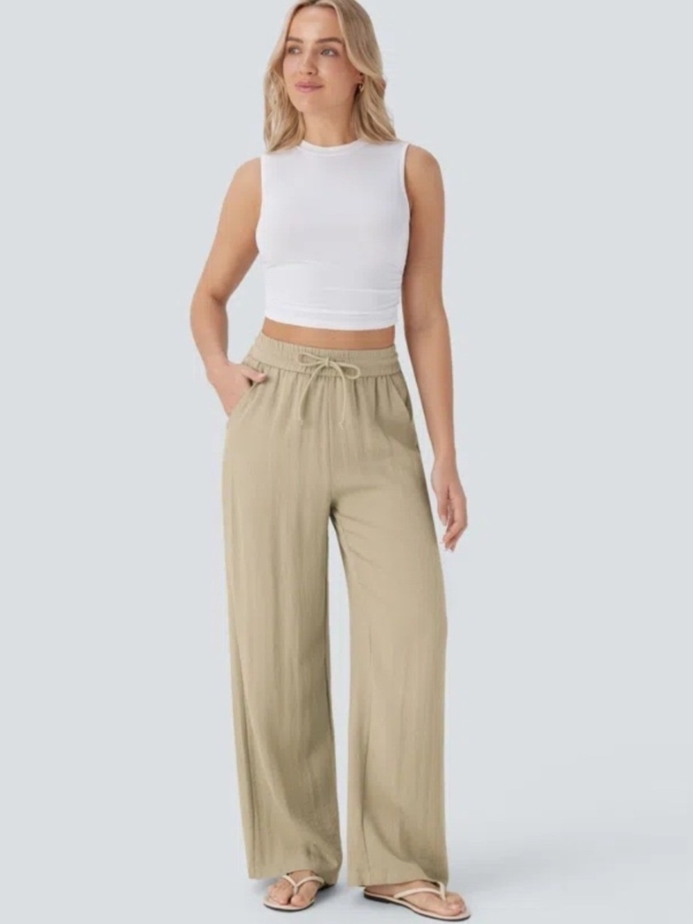 Halara High Waisted Drawstring Wide Leg Baggy Linen-Feel Pants Medium